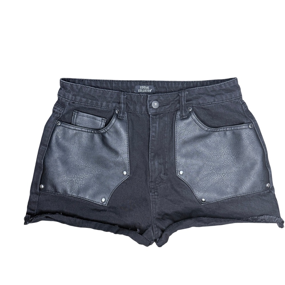 Social Collision Hot Topic Denim Shorts Size 9 Black Faux Leather Studded Goth